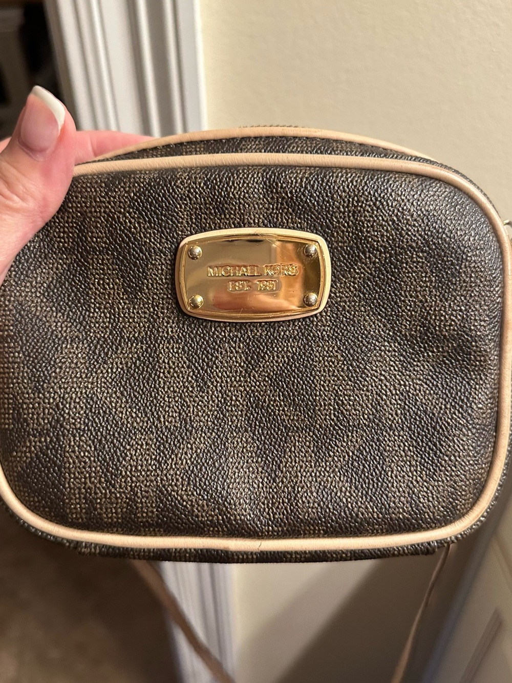 Michael Kors Brown and Cream Crossbody with Gold Plaque